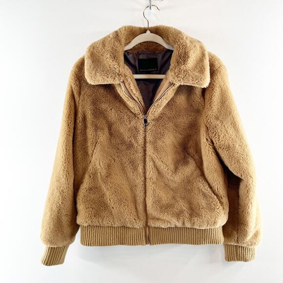 Banana Republic Full Zip Faux Fur Bomber Jacket Camel Brown Medium - Picture 4 of 6